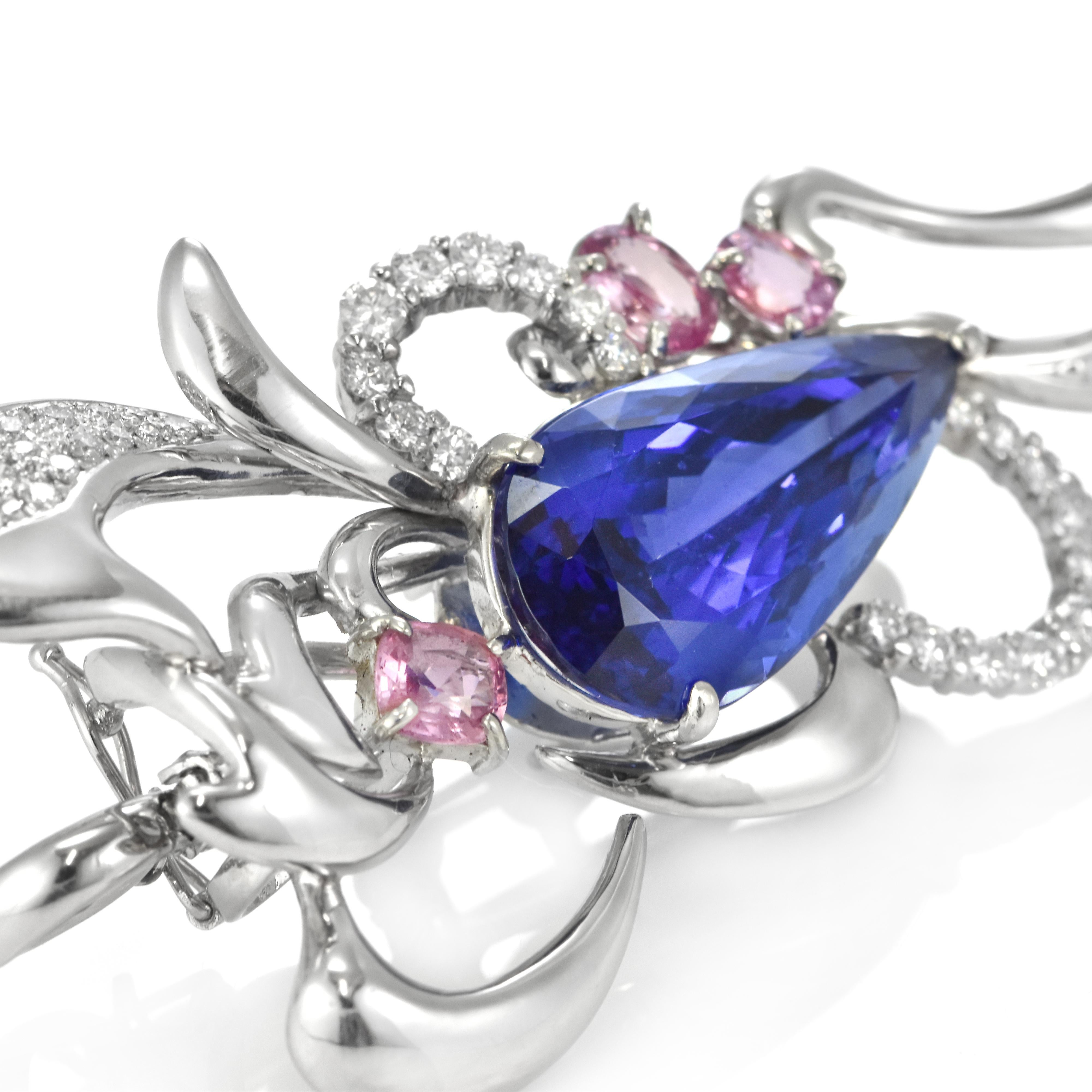 17.06 Carat Tanzanite, Pink Sapphire and Diamond Brooch Made in Platinum For Sale 3
