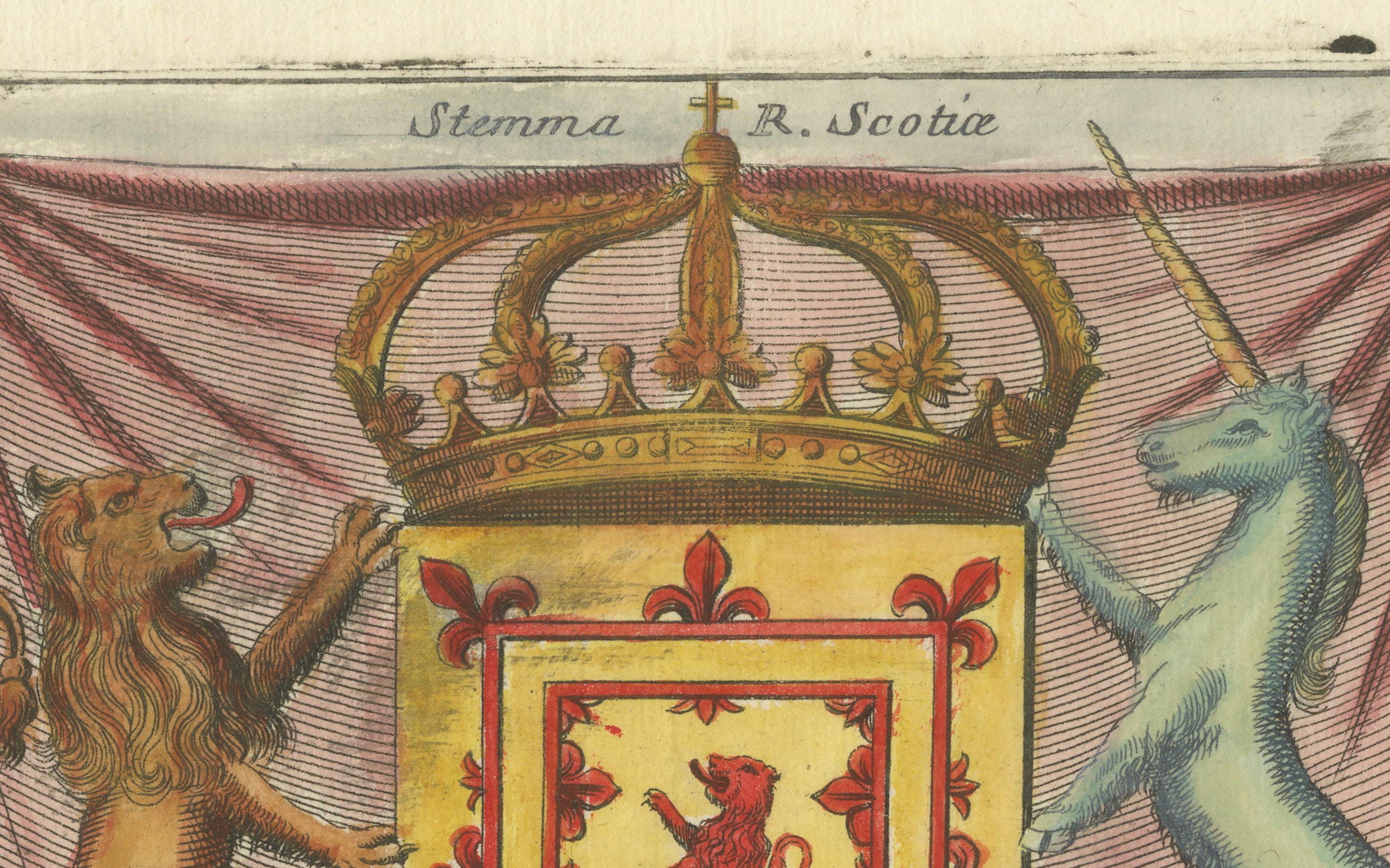 Titel: 1706 Heraldischer Stich des schottischen Einhorns und des königlichen Wappens von Coronelli

Beschreibung: Dieser elegante antike Druck, der wahrscheinlich aus Vincenzo Maria Coronellis 