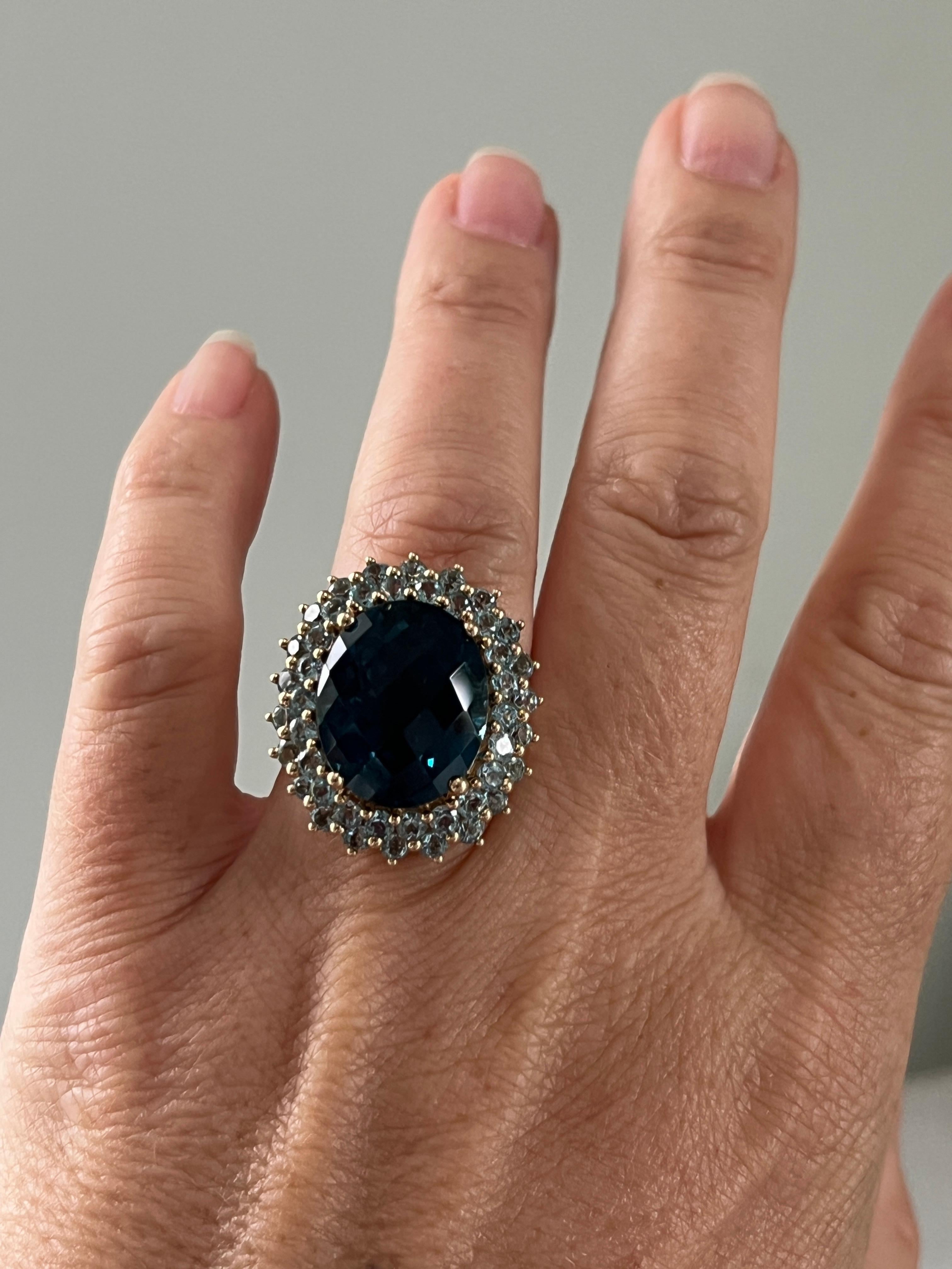 17.07 Carat London Blue Checkerboard Cut Topaz and Yellow Gold Cocktail Ring For Sale 4