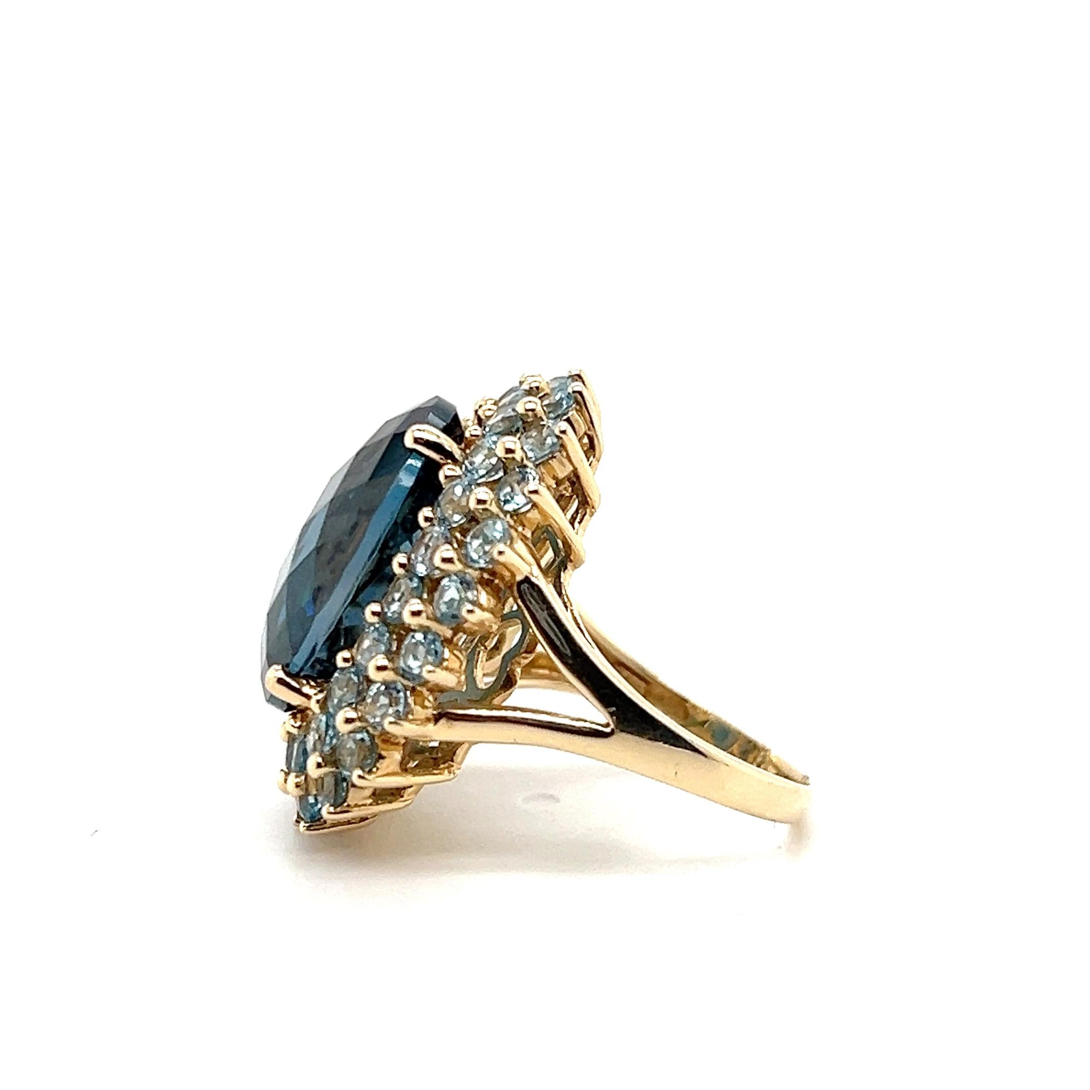 Contemporary 17.07 Carat London Blue Checkerboard Cut Topaz and Yellow Gold Cocktail Ring For Sale