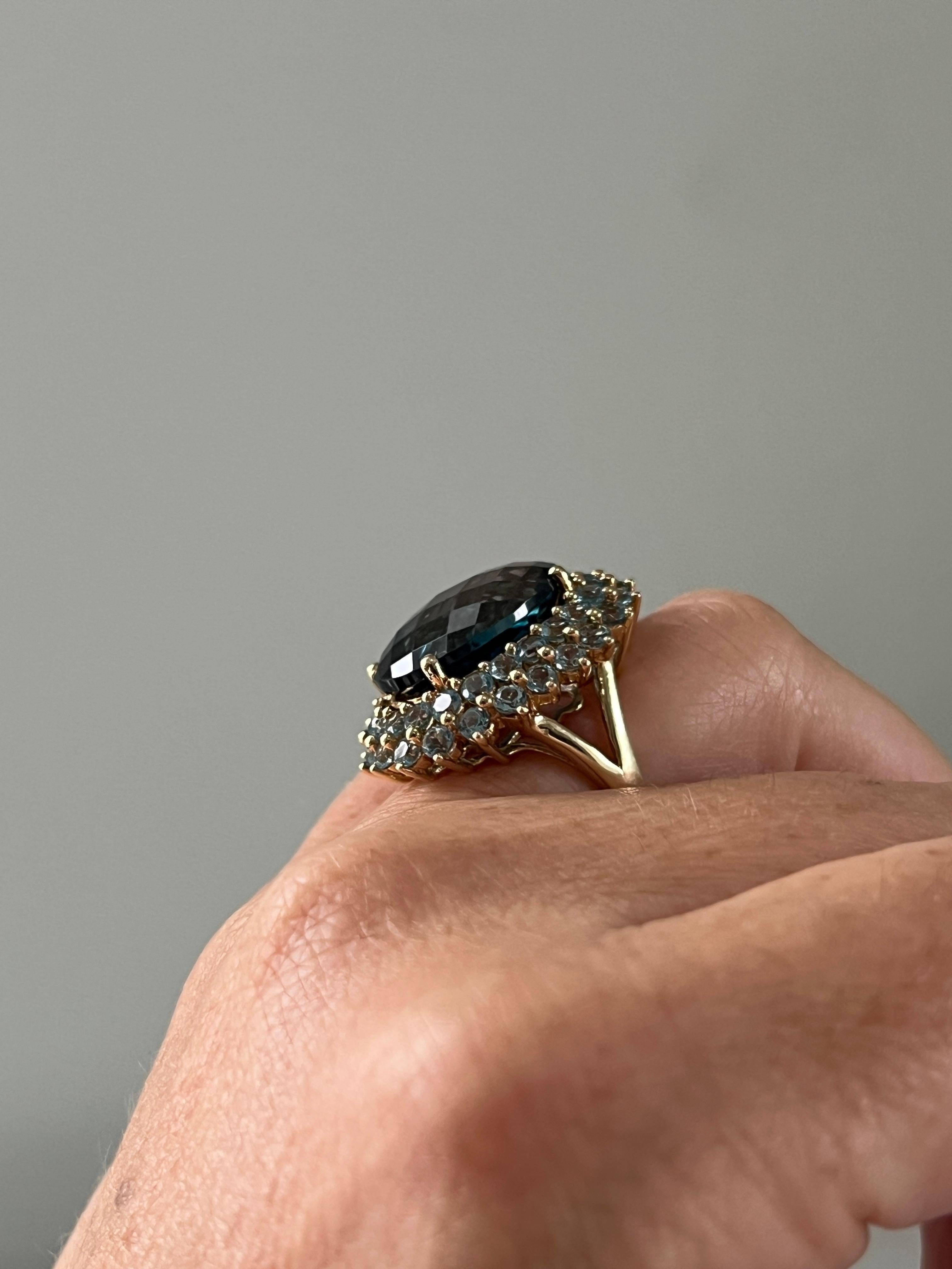 17.07 Carat London Blue Checkerboard Cut Topaz and Yellow Gold Cocktail Ring For Sale 2