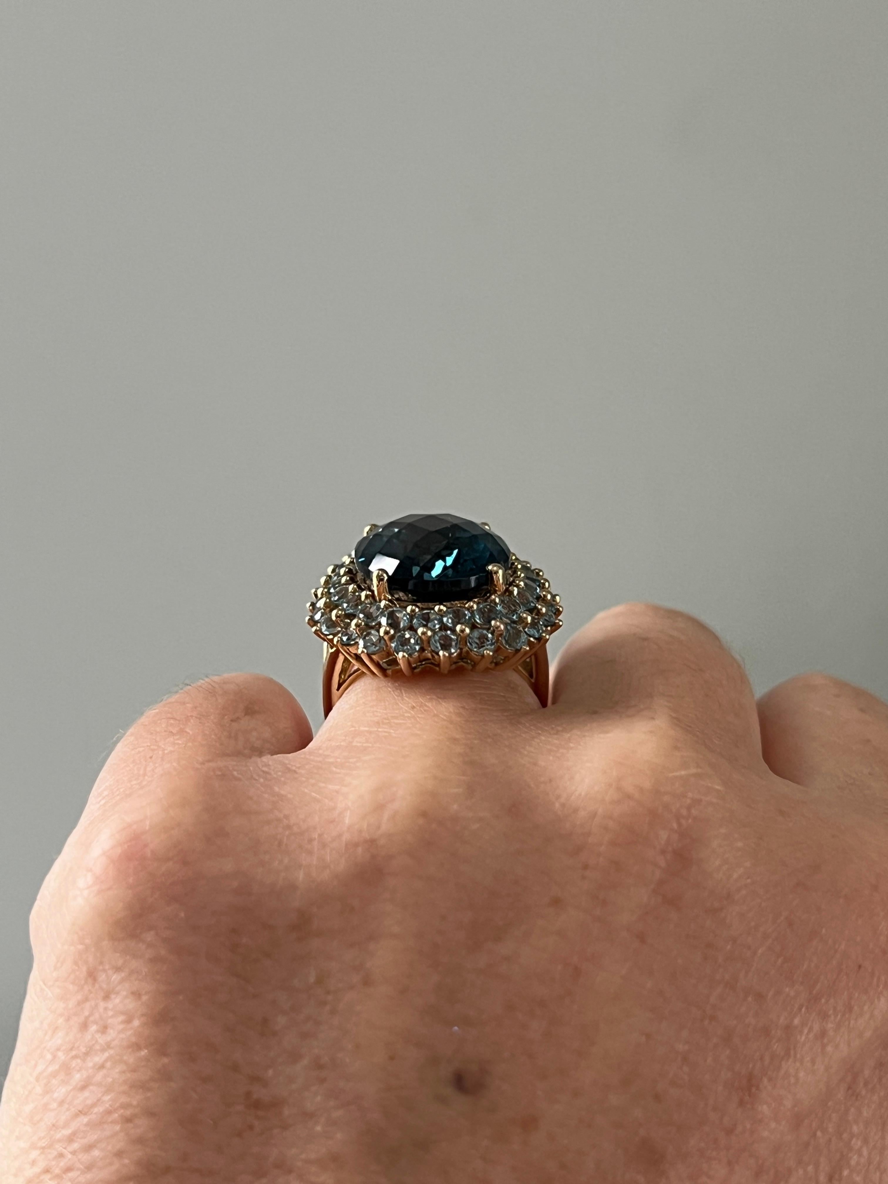 17.07 Carat London Blue Checkerboard Cut Topaz and Yellow Gold Cocktail Ring For Sale 3