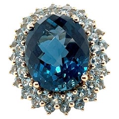 17.07 Carat London Blue Checkerboard Cut Topaz and Yellow Gold Cocktail Ring