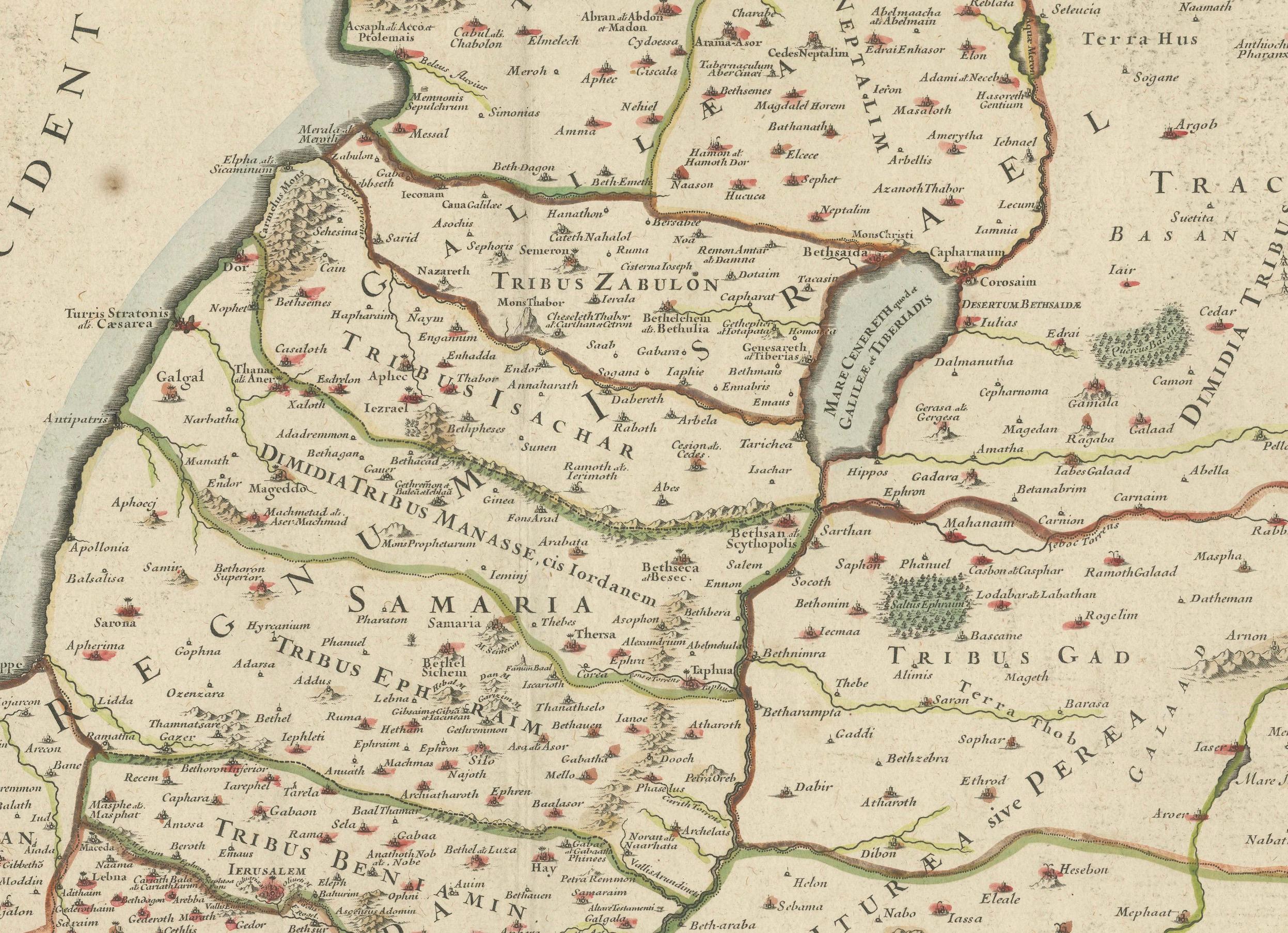 Early 18th Century 1709 Map of the Holy Land - Twelve Tribes of Israel, Hand-Colored, Antique Map For Sale