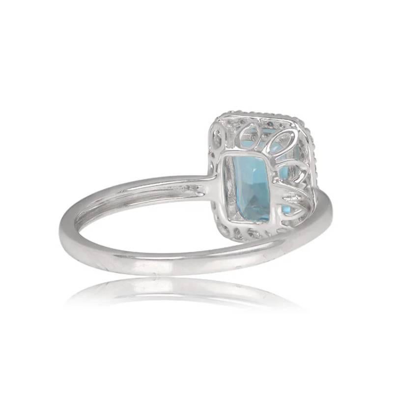 Art Deco 1.70ct Blue Topaz Engagement Ring, Diamond Halo, 18k White Gold