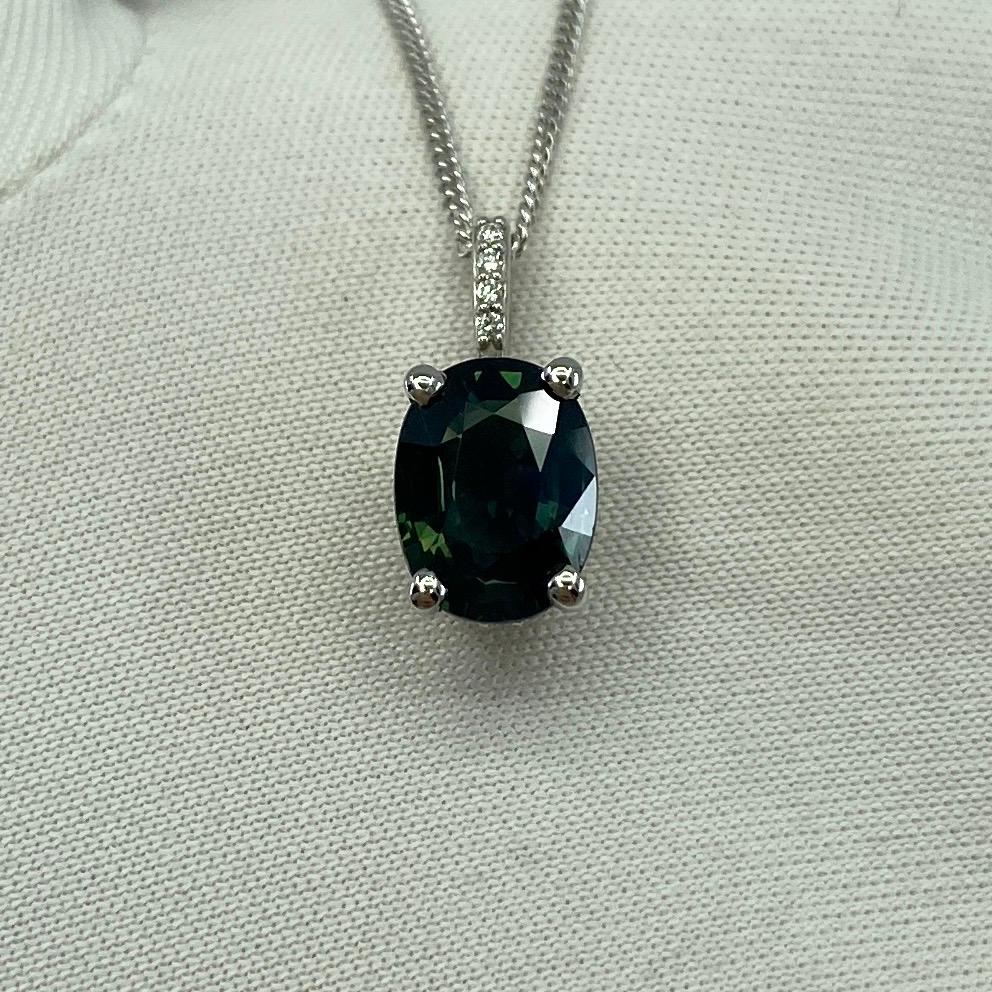 1.70ct Deep Green Blue Sapphire Oval 18k Gold Diamond Surround Pendant Necklace For Sale 5