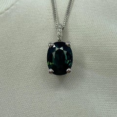 1.70ct Deep Green Blue Sapphire Oval 18k Gold Diamond Surround Pendant Necklace