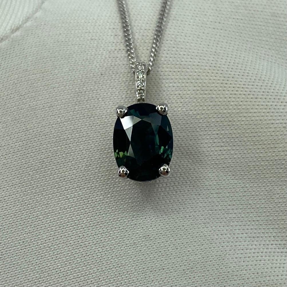 1.70ct Deep Green Blue Sapphire Oval 18k Gold Diamond Surround Pendant Necklace For Sale 1