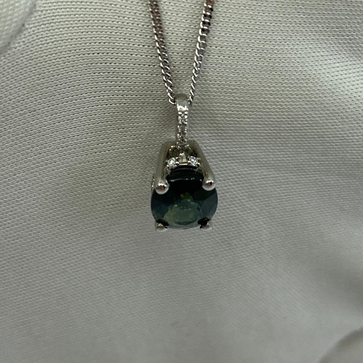 1.70ct Deep Green Blue Sapphire Oval 18k Gold Diamond Surround Pendant Necklace For Sale 3
