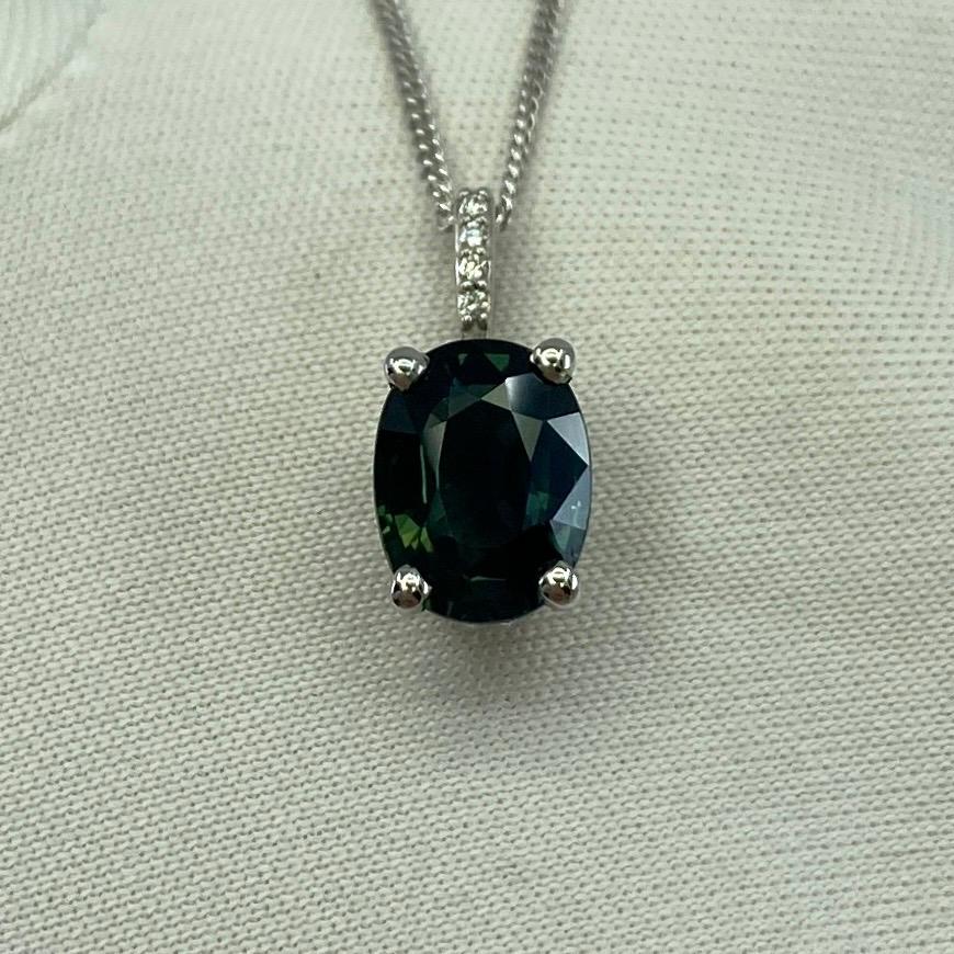 1.70ct Deep Green Blue Sapphire Oval 18k Gold Diamond Surround Pendant Necklace For Sale 4