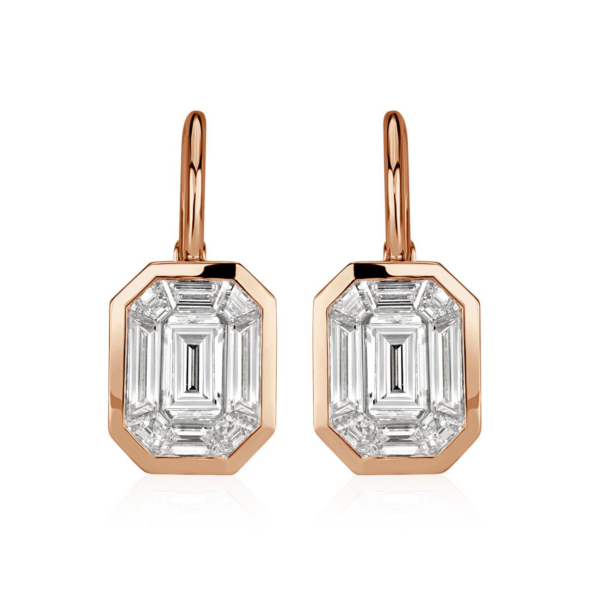 1.70ct Emerald and Trapezoid Cut Mosaic Diamond Dangle Earrings in 14K Rose Gold For Sale