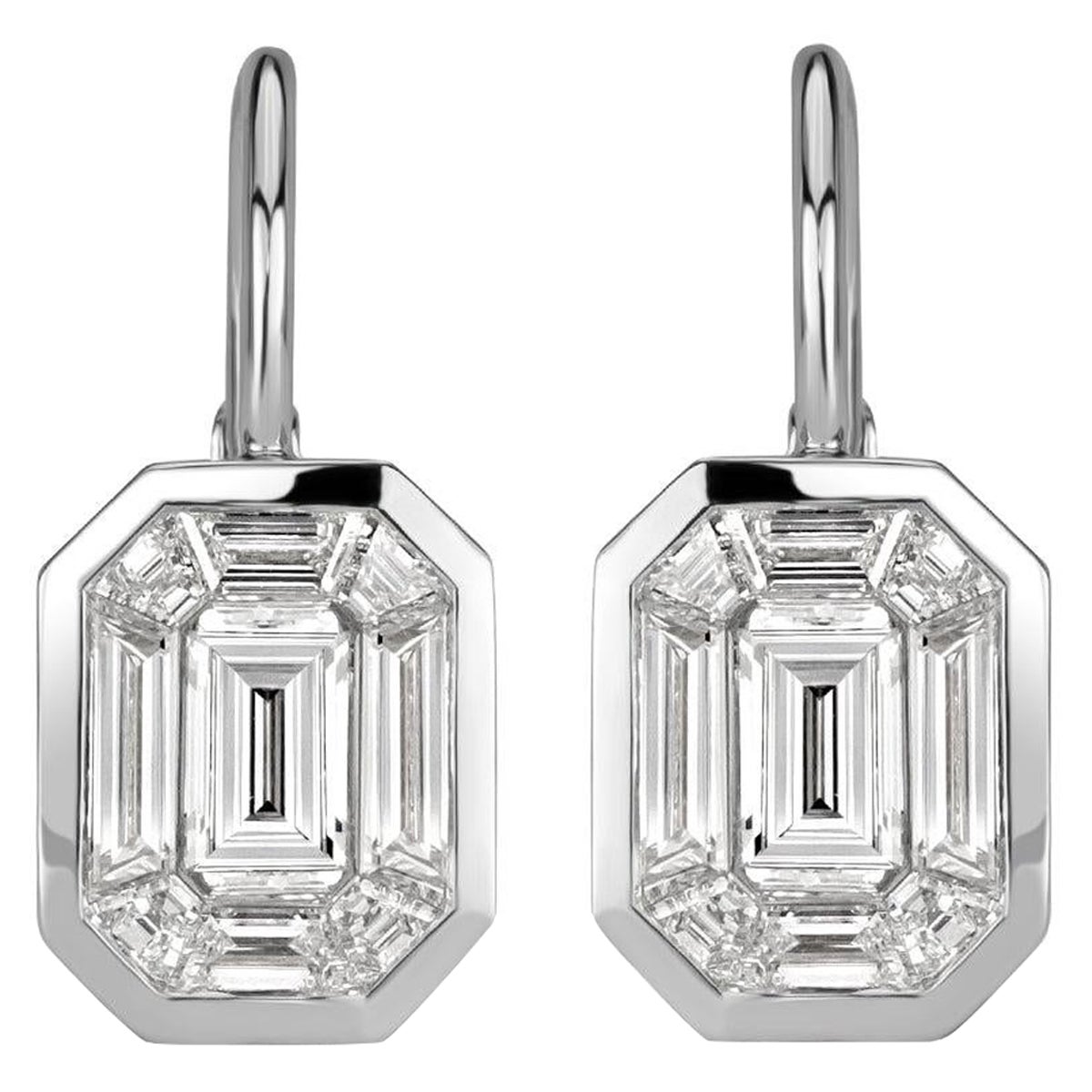 1.70ct Emerald and Trapezoid Cut Mosaic Diamond Dangle Earrings in 14K White