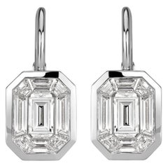 1.70ct Emerald and Trapezoid Cut Mosaic Diamond Dangle Earrings in 14K White