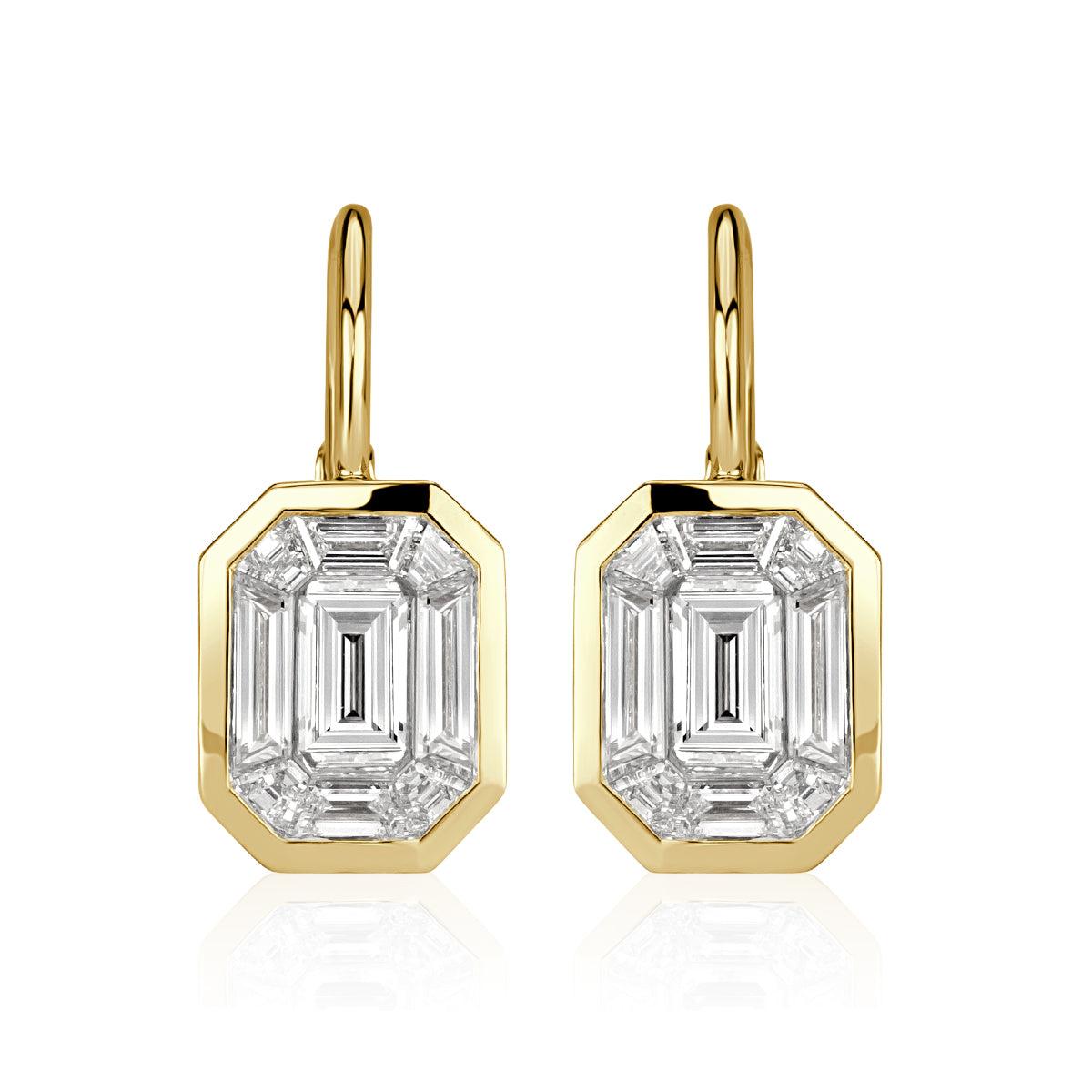 1.70ct Emerald and Trapezoid Cut Mosaic Diamond Dangle Earrings in 14K Yellow For Sale