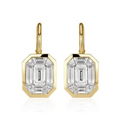 1.70ct Emerald and Trapezoid Cut Mosaic Diamond Dangle Earrings in 14K Yellow