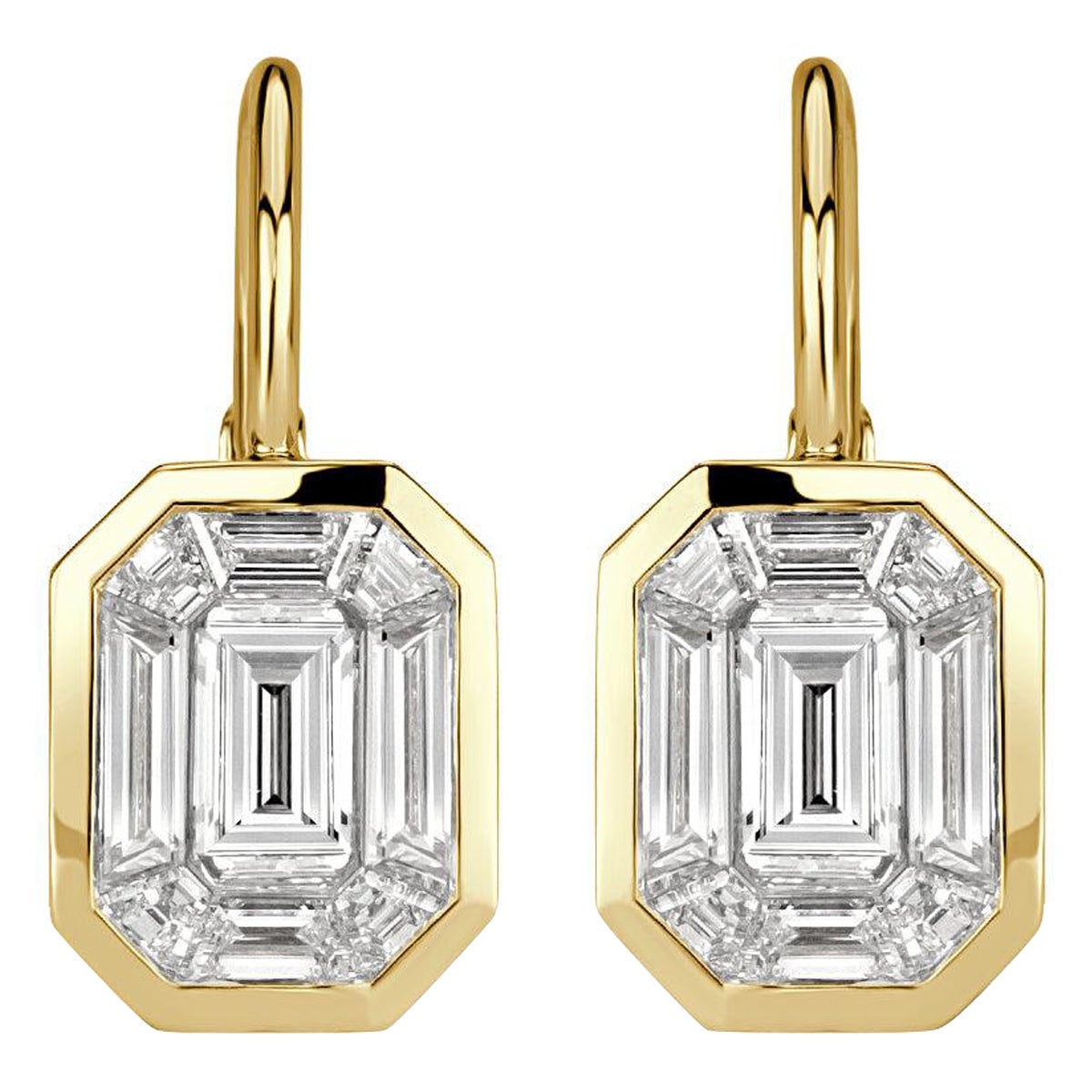 1.70ct Emerald and Trapezoid Cut Mosaic Diamond Dangle Earrings in 14K Yellow
