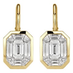 1.70ct Emerald and Trapezoid Cut Mosaic Diamond Dangle Earrings in 14K Yellow