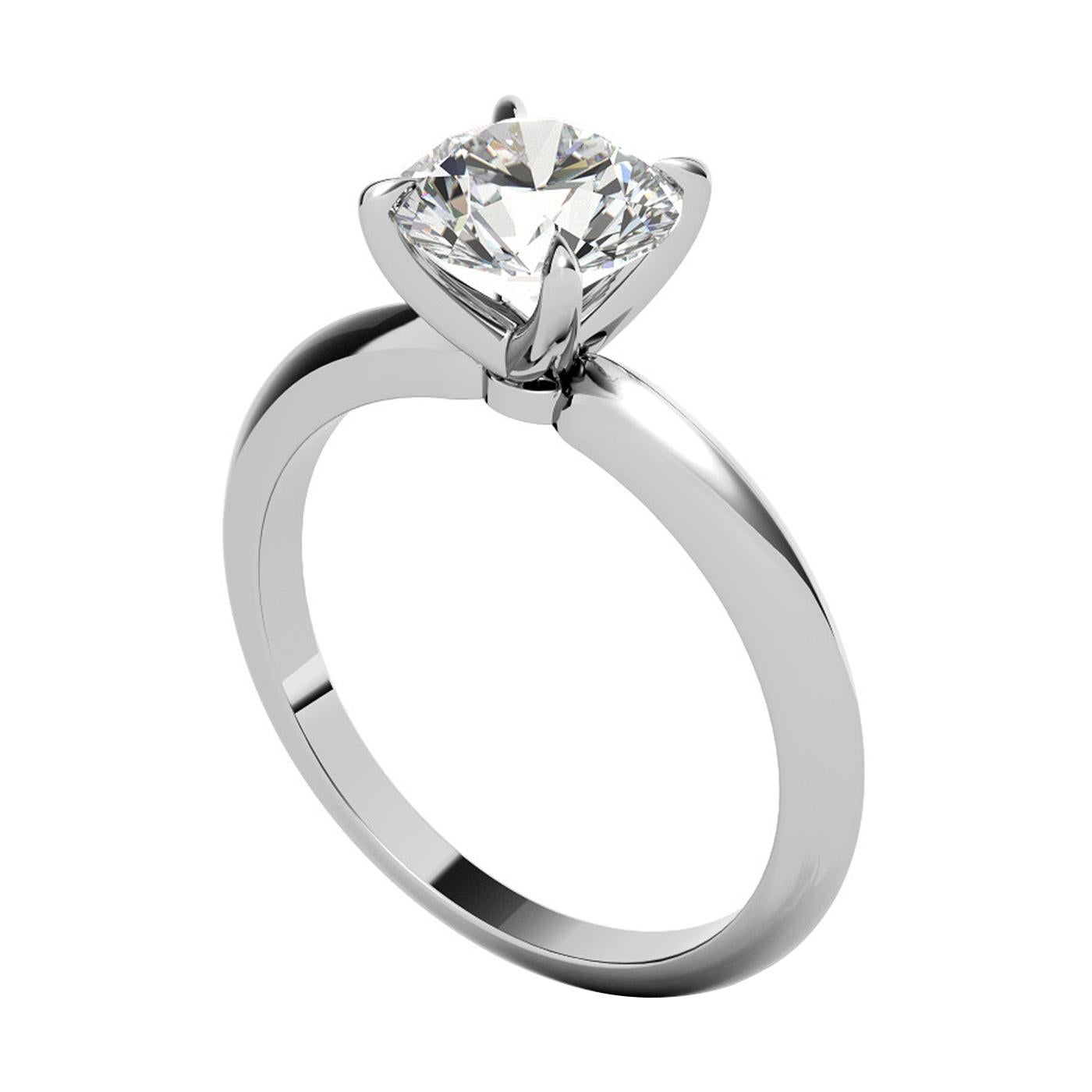 Taille ronde Bague de style Tiffany à 4 griffes en or blanc 14 carats avec diamant rond naturel de 1,70 carat certifié GIA en vente