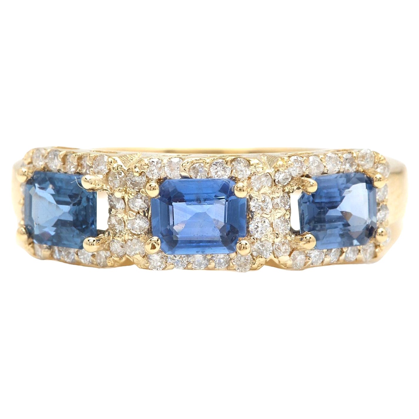 Bague en or jaune massif 14 carats avec saphir bleu naturel de 1,70 carat et diamants
