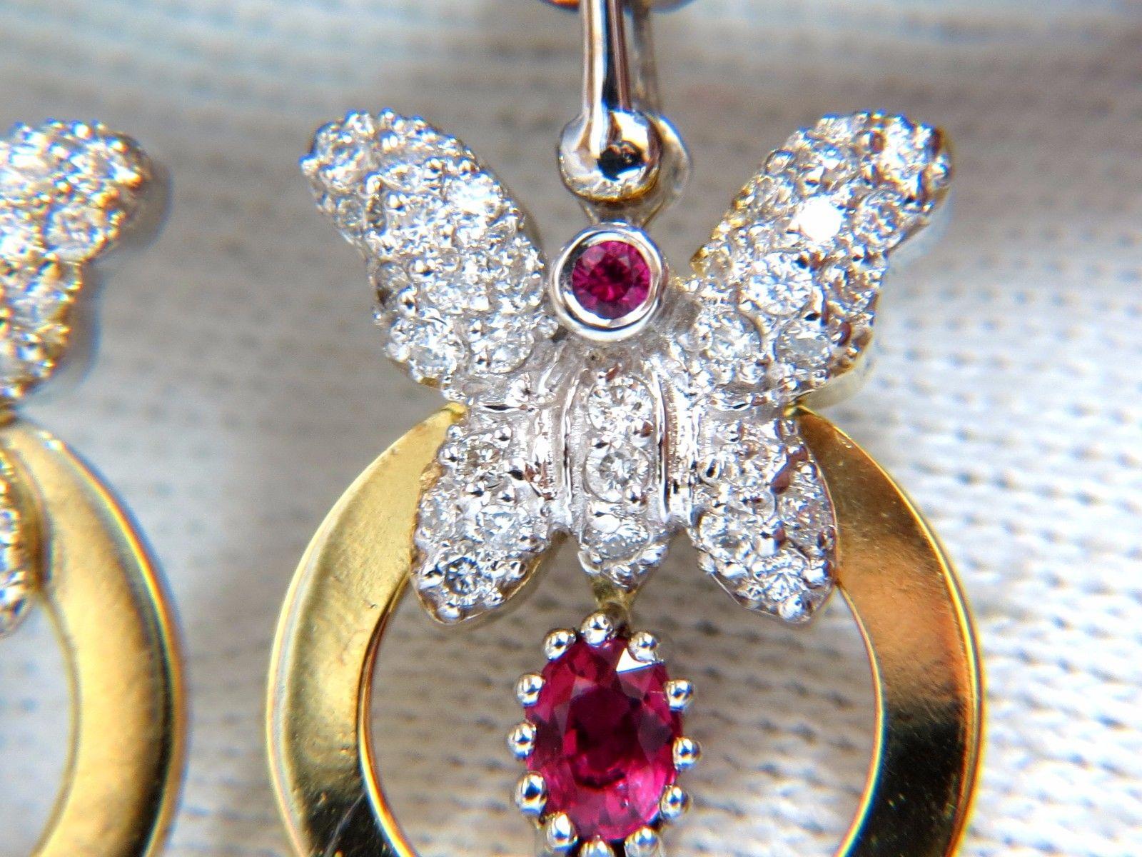 1.70CT Natural Oval Bright Red Ruby Diamond Dangle Butterfly Earrings 14KT For Sale 3
