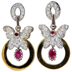 1.70CT Natural Oval Bright Red Ruby Diamond Dangle Butterfly Earrings 14KT*