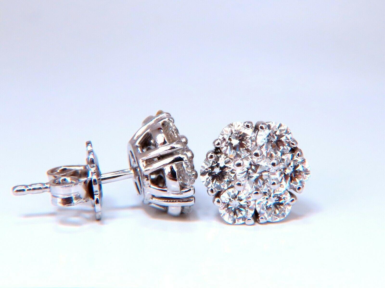 Round Cut 1.70ct. Natural Round Diamond Cluster Earrings 14 Karat Floreta For Sale