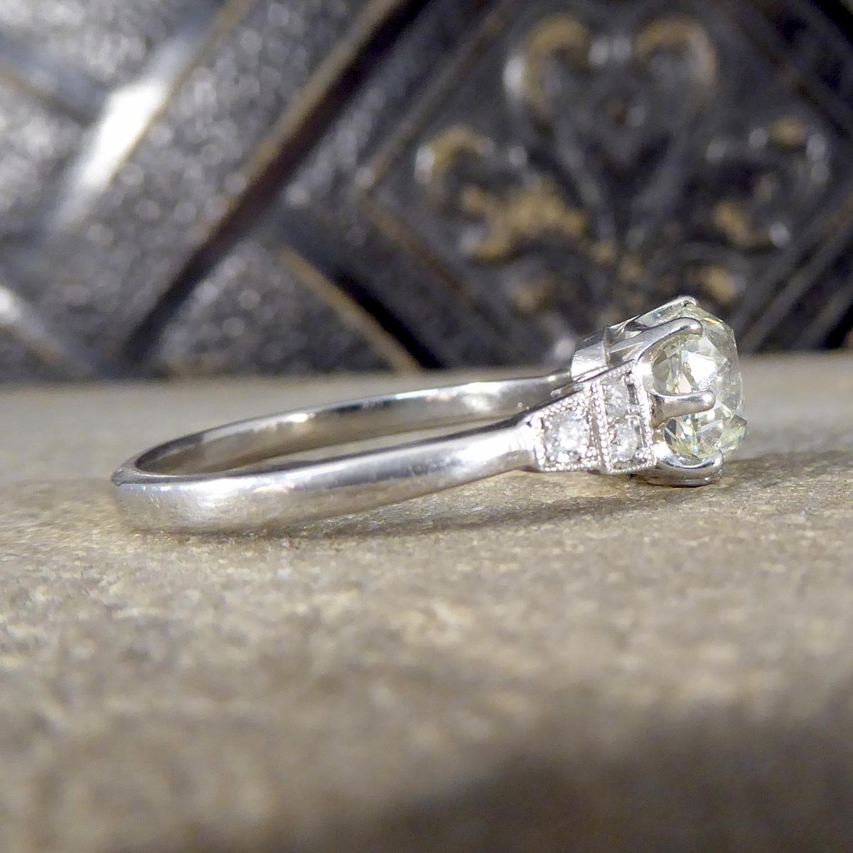 Edwardian 1.70ct Old European Cushion Cut Diamond Solitaire with Diamond Shoulders in Plat For Sale