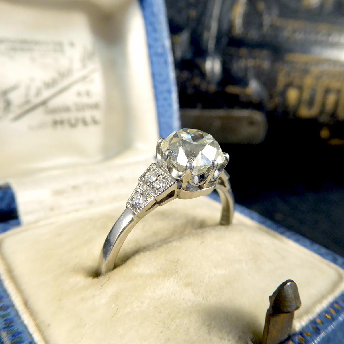 1.70ct Old European Cushion Cut Diamond Solitaire with Diamond Shoulders in Plat For Sale 2
