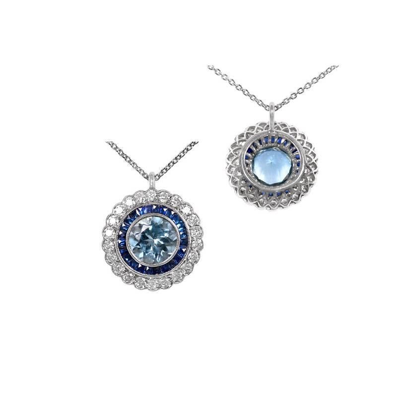 Art Deco 1.70ct Round Cut Aquamarine Pendant, Sapphire Halo & Cluster Diamond, Platinum For Sale