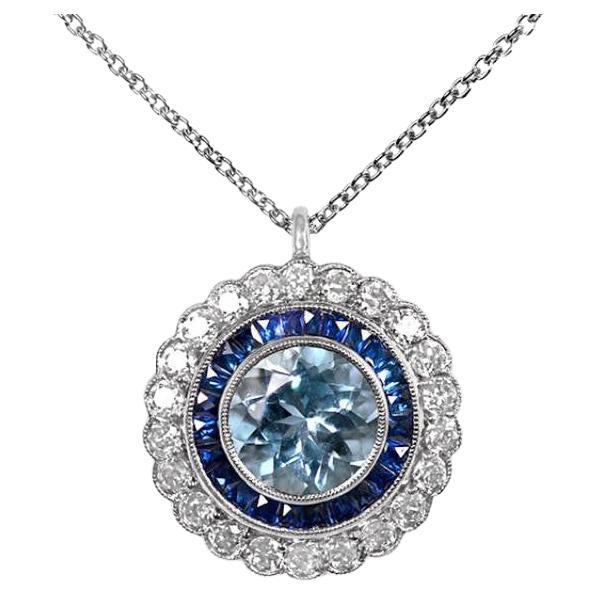 1.70ct Round Cut Aquamarine Pendant, Sapphire Halo & Cluster Diamond, Platinum For Sale