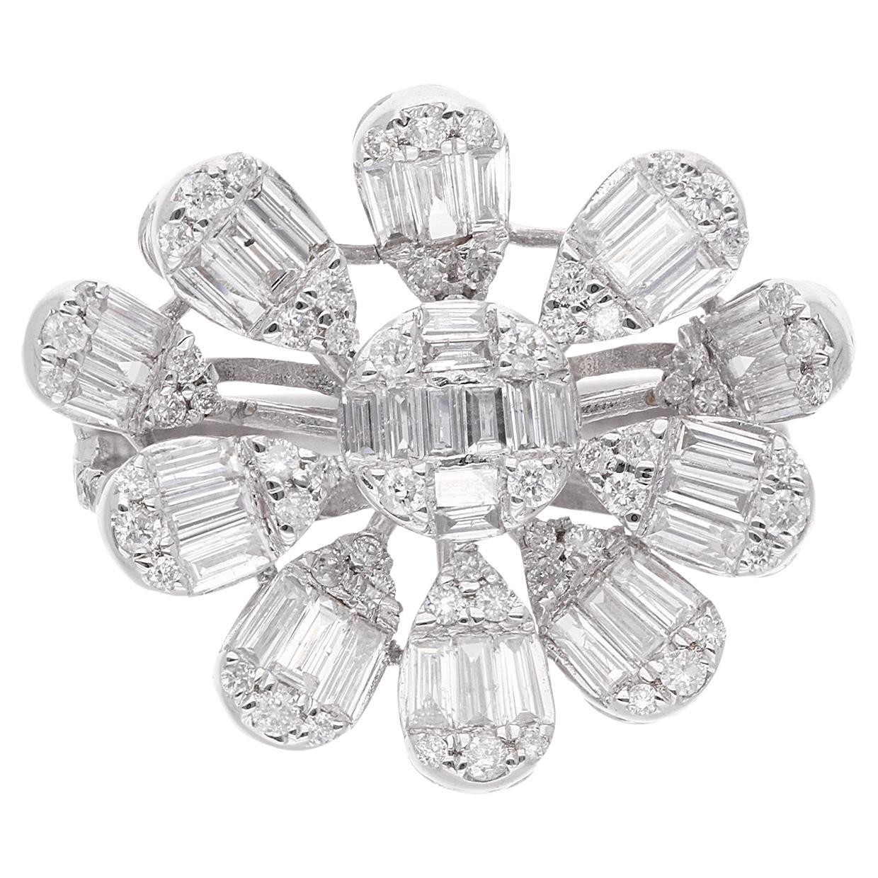 1,70 Karat SI/H Baguette und runder Diamant Cocktail Verlobungsring 14k Weißgold