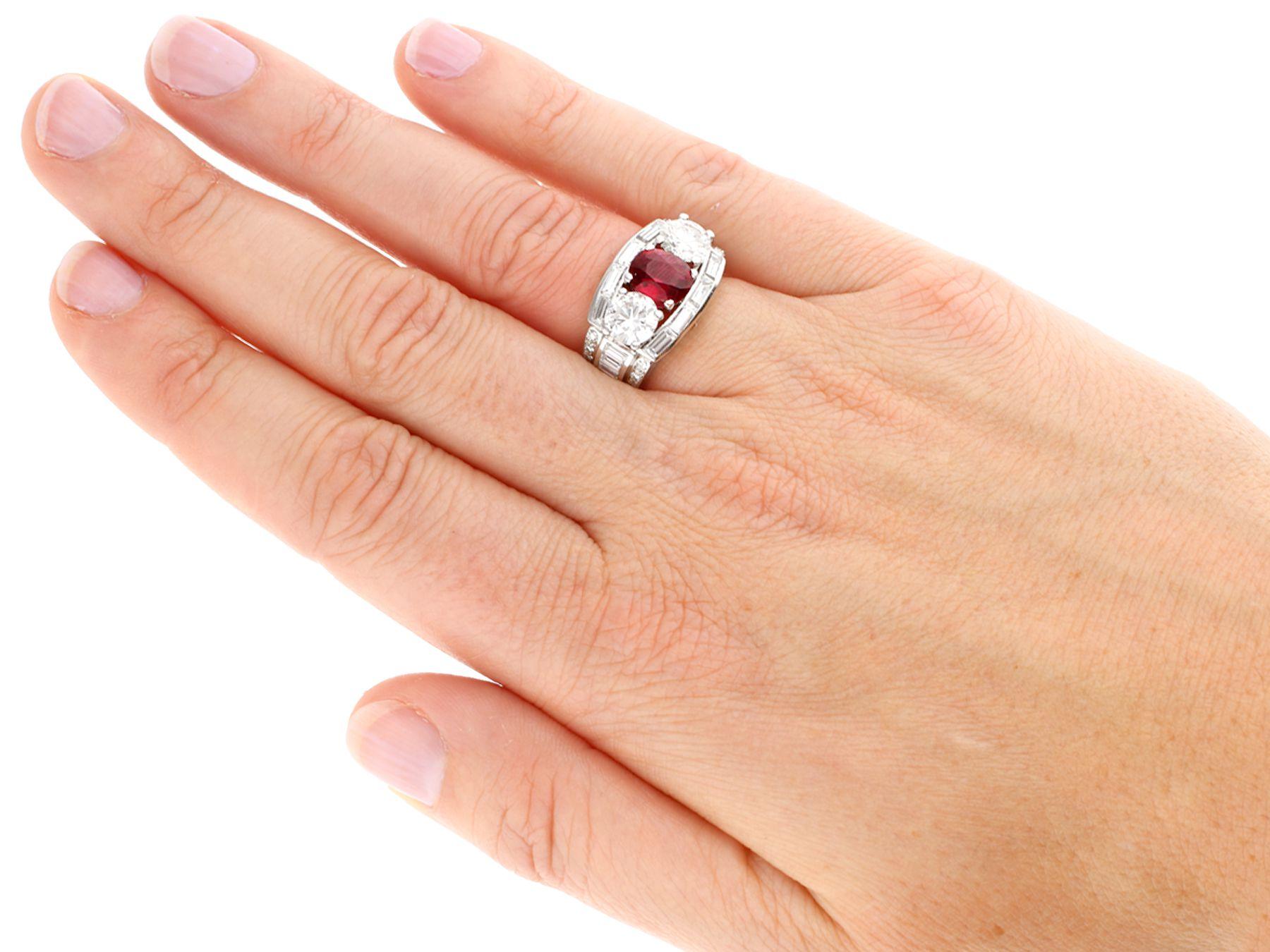 Women's or Men's 1.70 Carat Siam Ruby and 3.02 Carat Diamond Platinum Cocktail Ring, circa 1950 For Sale
