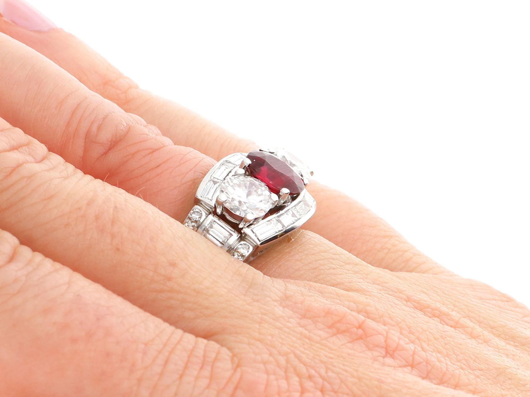 1.70 Carat Siam Ruby and 3.02 Carat Diamond Platinum Cocktail Ring, circa 1950 For Sale 1