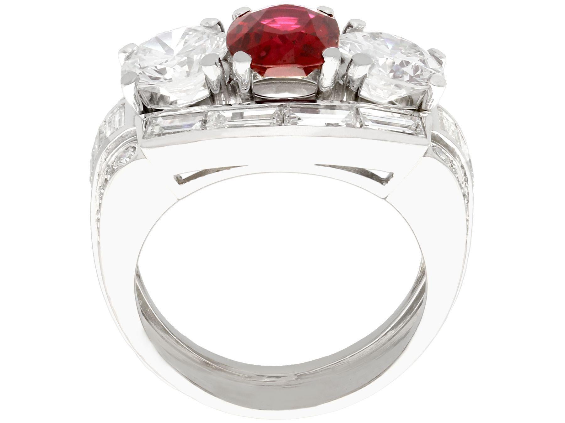 Cushion Cut 1.70 Carat Siam Ruby and 3.02 Carat Diamond Platinum Cocktail Ring, circa 1950 For Sale