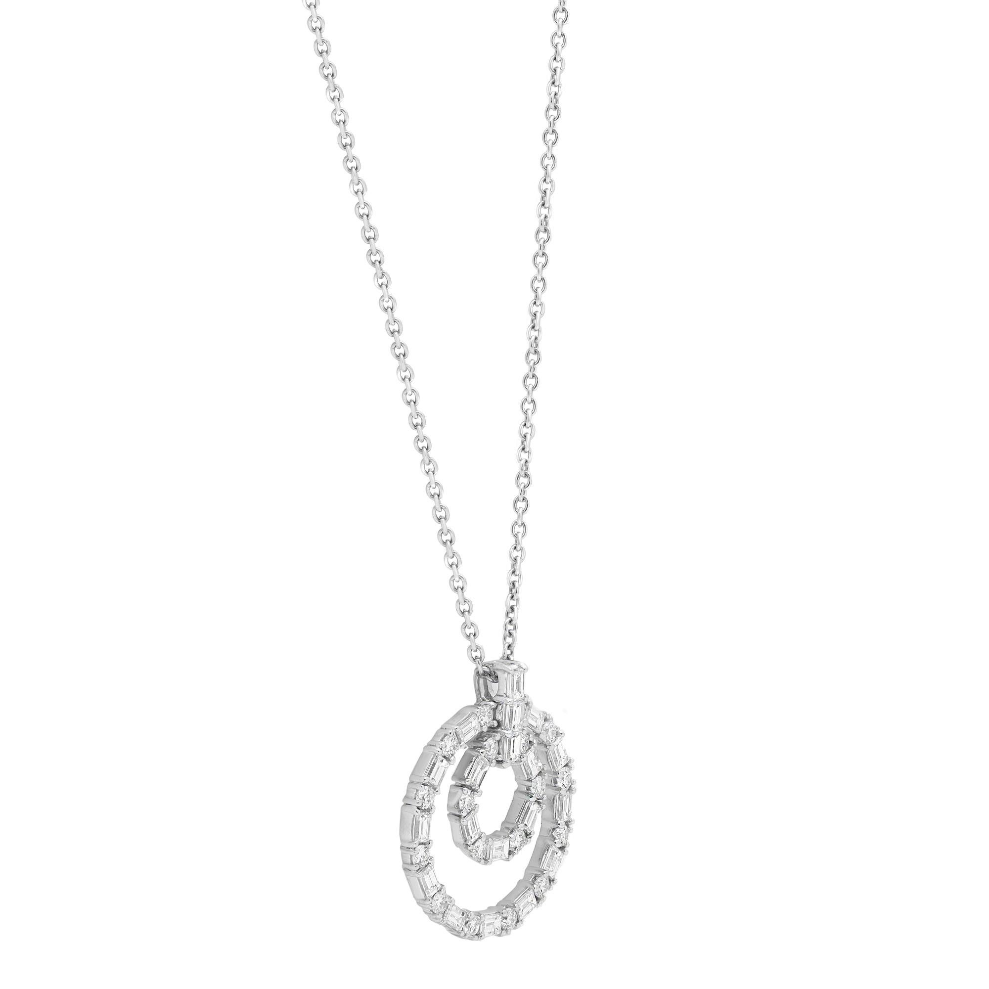 Modern 1.70cttw Baguette & Round Diamond Double Ring Pendant Necklace 18K White Gold For Sale