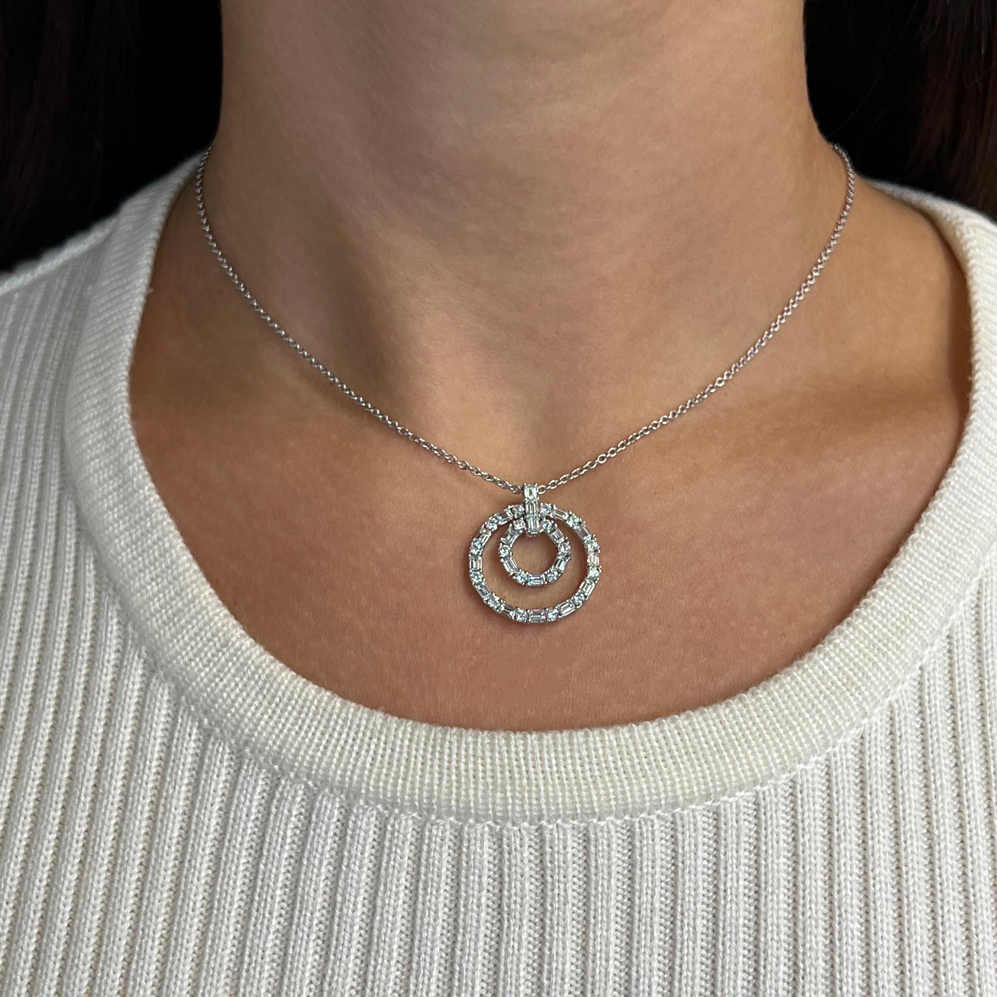 1.70cttw Baguette & Round Diamond Double Ring Pendant Necklace 18K White Gold In New Condition For Sale In New York, NY