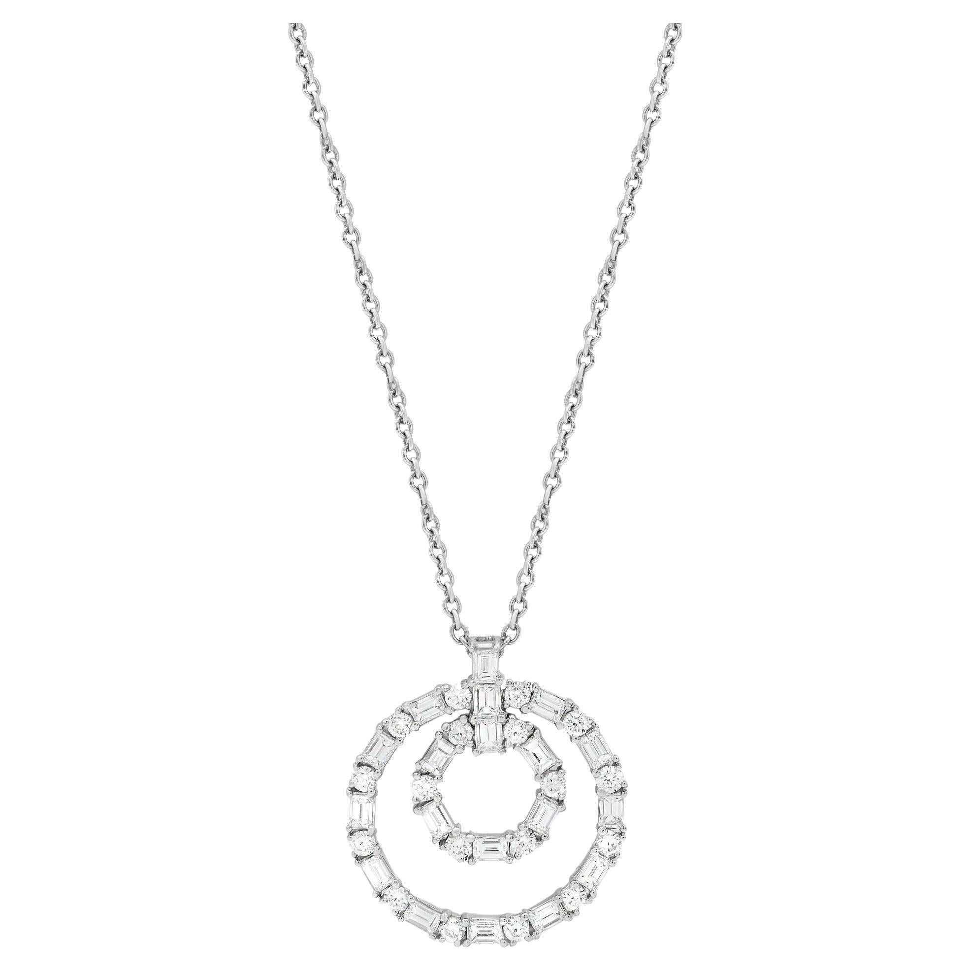 1.70cttw Baguette & Round Diamond Double Ring Pendant Necklace 18K White Gold For Sale