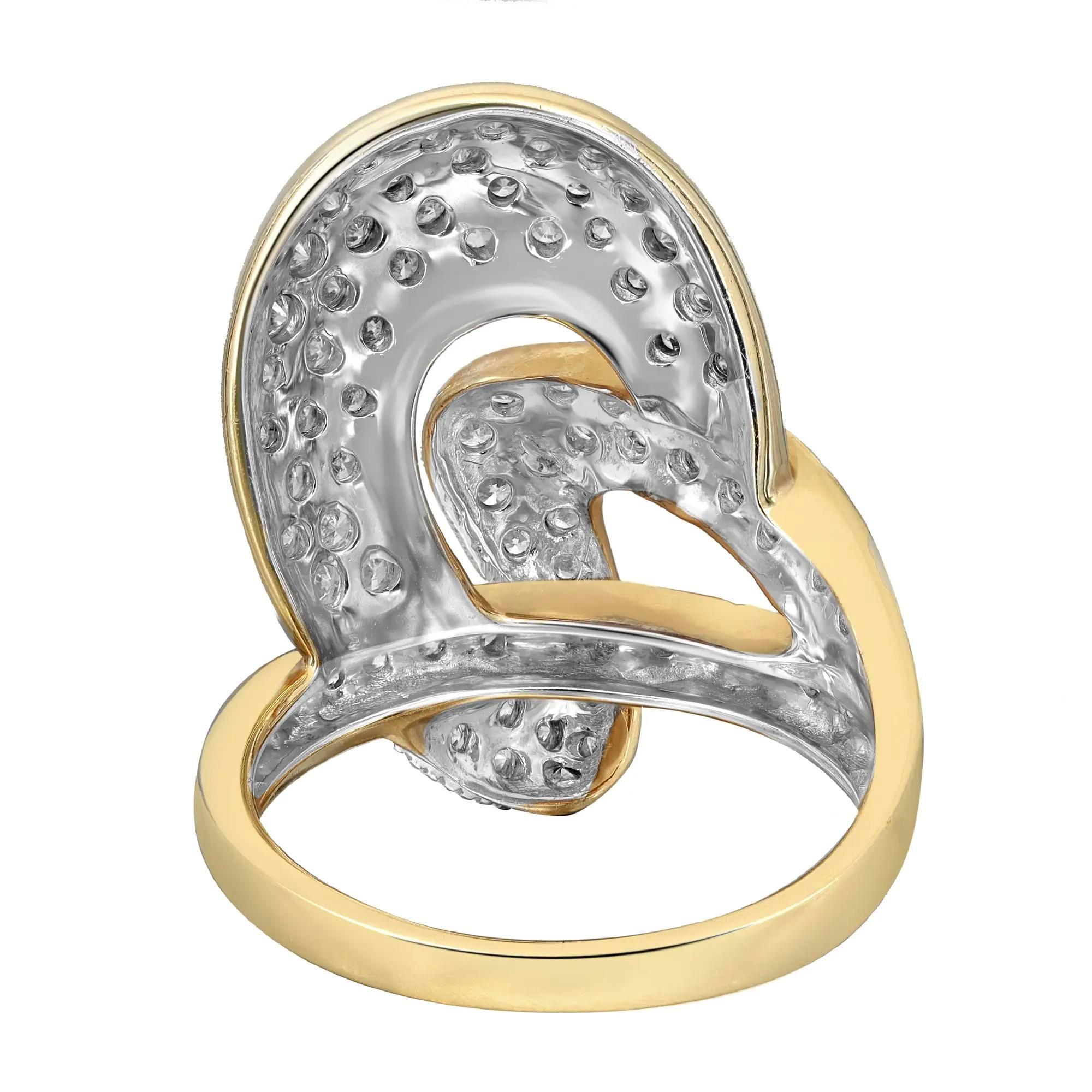 This beautiful diamond cocktail ring is crafted in 14k yellow gold. It features sparkling diamonds in pave setting weighing 1.70 carats. This ring will be a great addition to your jewelry collection. The size of the ring is 7.5. The total weight is