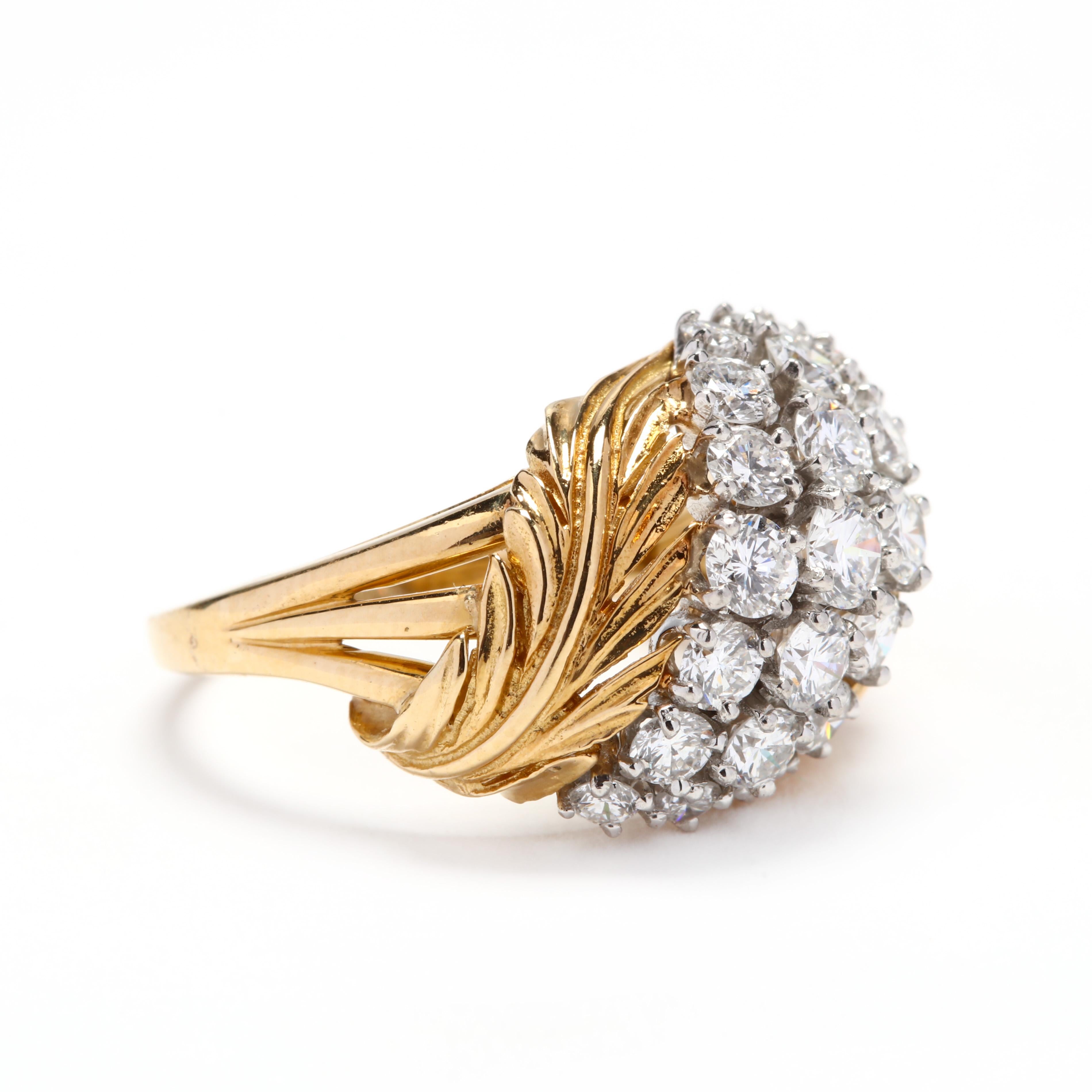 Steine:
- Diamanten, 21 Steine
- Voller Schnitt rund
- 2.3 - 3.4 mm
- etwa 1,70 Karat insgesamt
- Farbe F-G, Reinheit VS

Ring Größe 6

Breite: 9/16 Zoll.

Gewicht: 5,60 dwts.

Ein paar Dinge sind zu beachten:
* Es handelt sich um einen