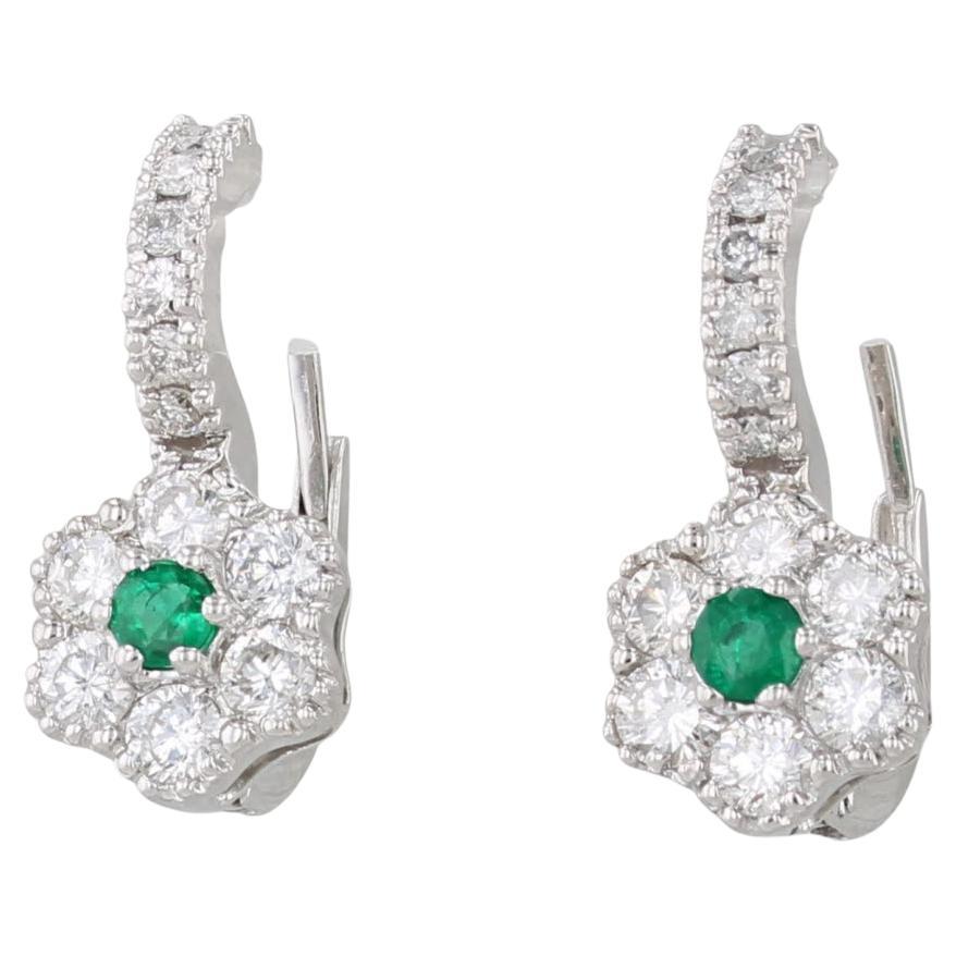 1.70ctw Emerald Diamond Flower Drop Earrings 14k White Gold Lever Backs
