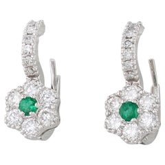 1.70ctw Emerald Diamond Flower Drop Earrings 14k White Gold Lever Backs