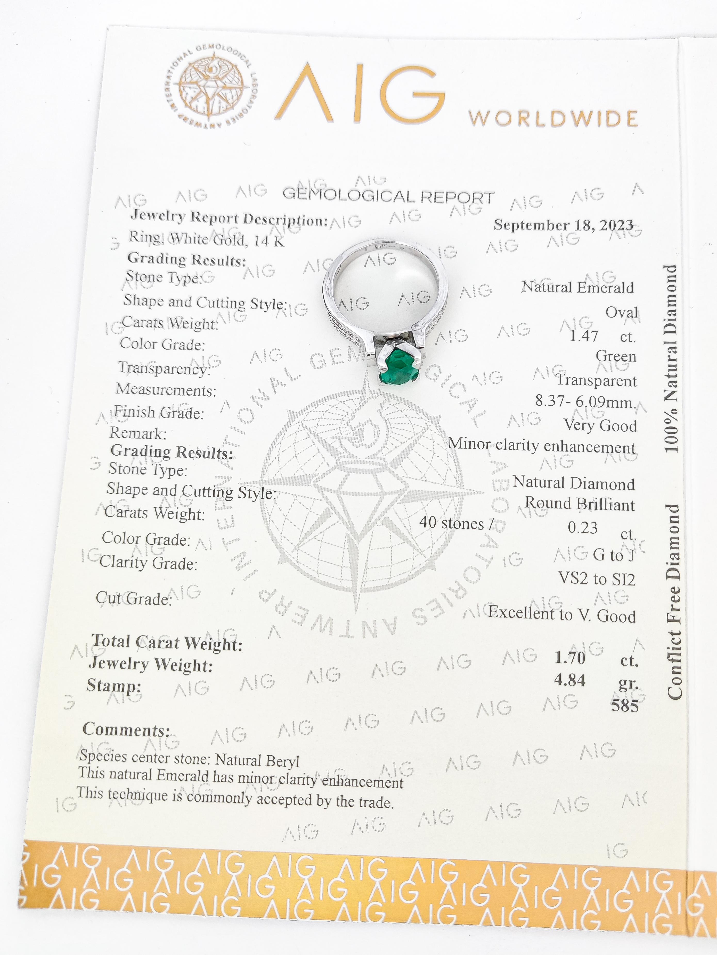 NO RESERVE 1.70CTW  Emerald and Diamond 14K white Gold Ring For Sale 2