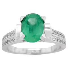 NO RESERVE 1.70CTW Green Emerald and Diamond 14K white Gold Ring