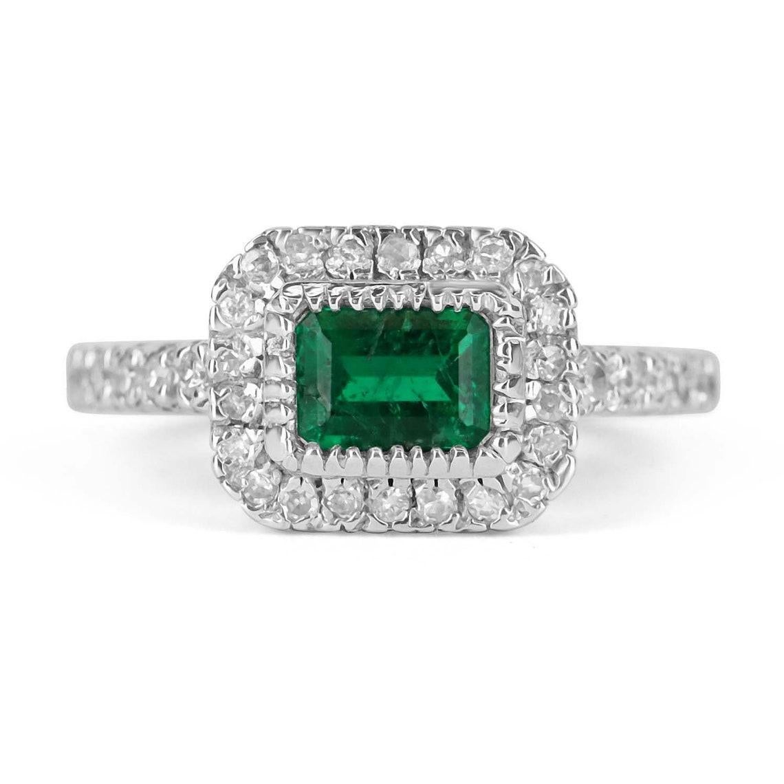 Modern 1.70tcw 14K Colombian Emerald & Diamond Gold Engagement Ring For Sale