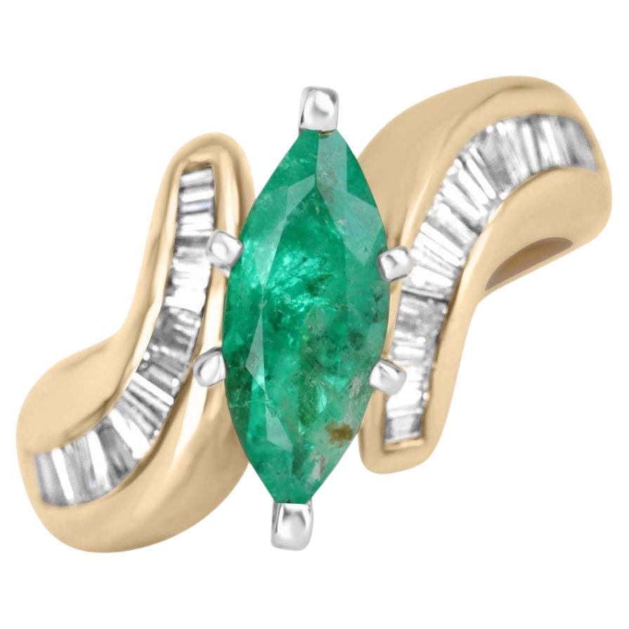 1.70tcw 14K Colombian Emerald-Marquise Cut & Diamond Baguette Cocktail Ring