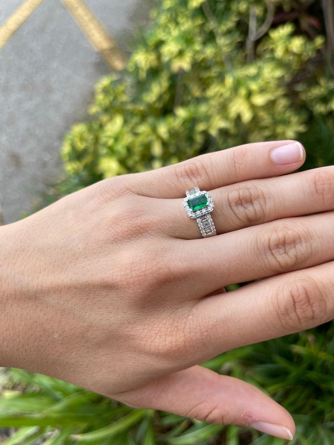 1.70tcw 14K Emerald, Emerald Cut & Diamond Halo Gold Ring For Sale 1