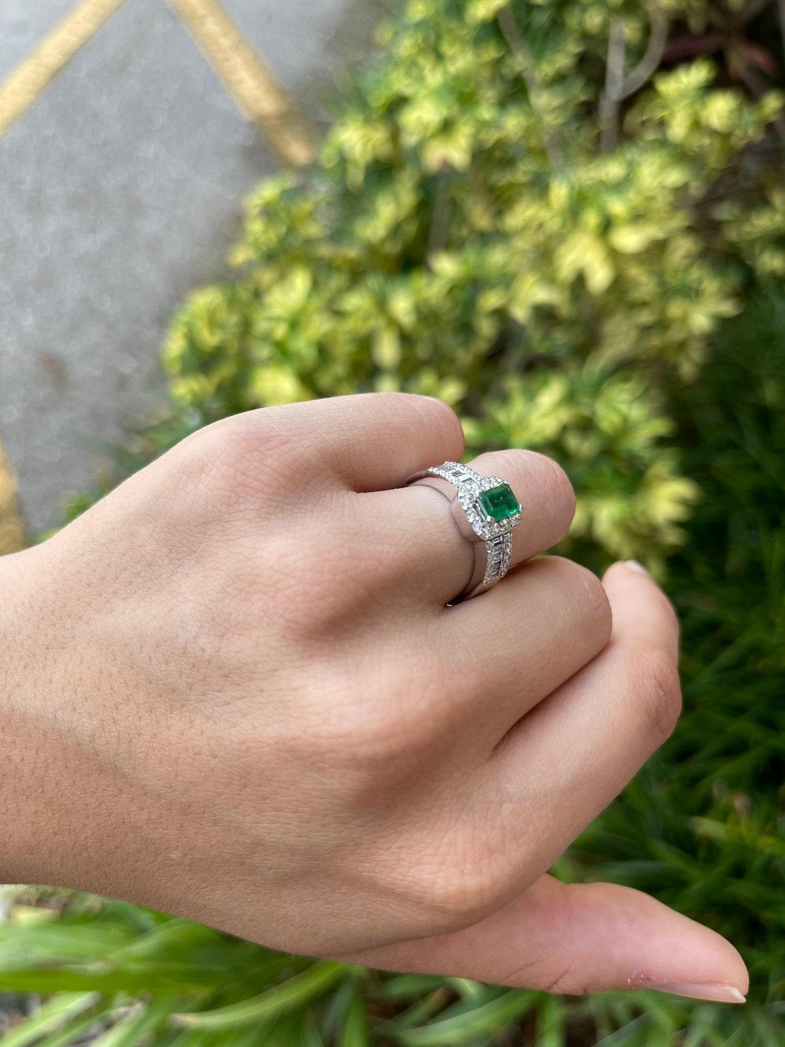 1.70tcw 14K Emerald, Emerald Cut & Diamond Halo Gold Ring For Sale 2