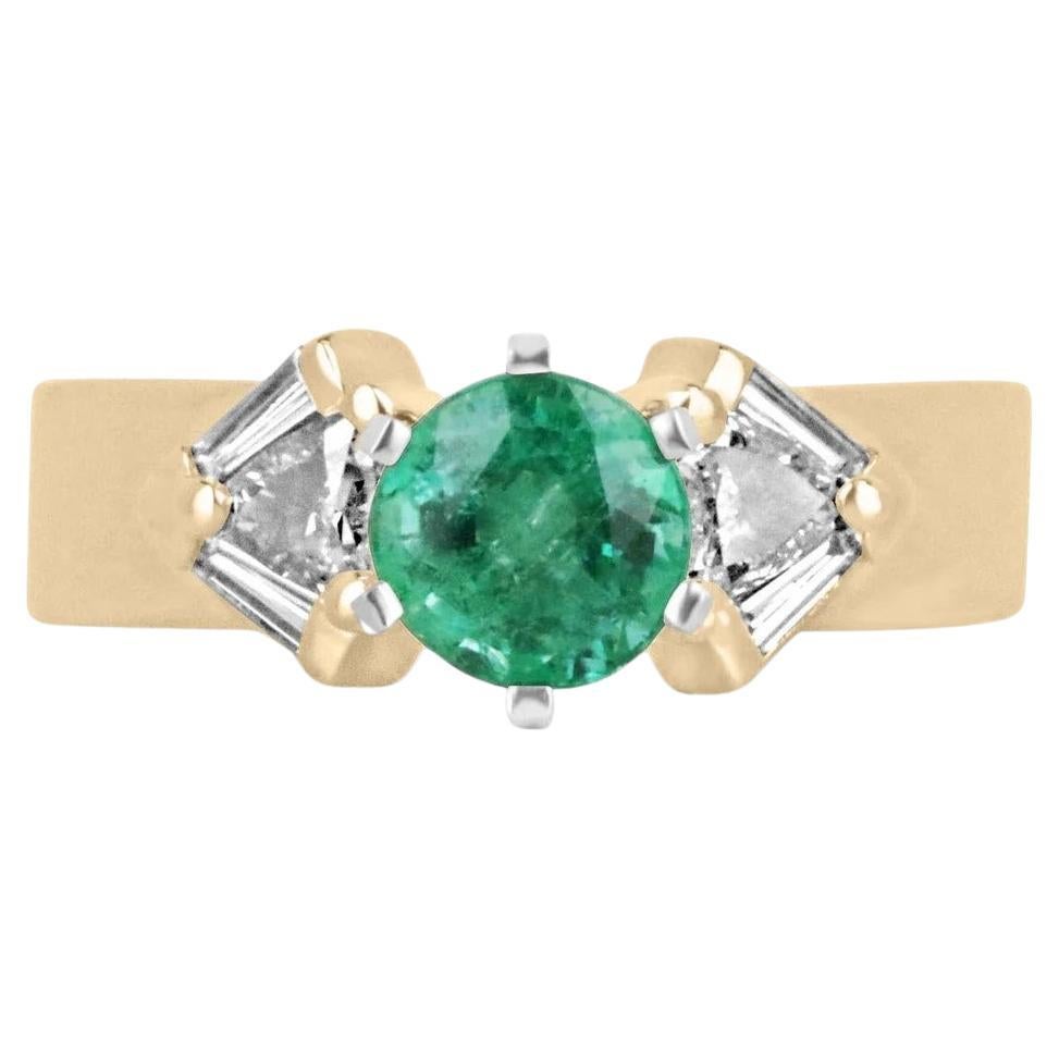 1.70tcw 14K Natural Round Cut Emerald & Trillion & Tapered Baguette Diamond Ring For Sale