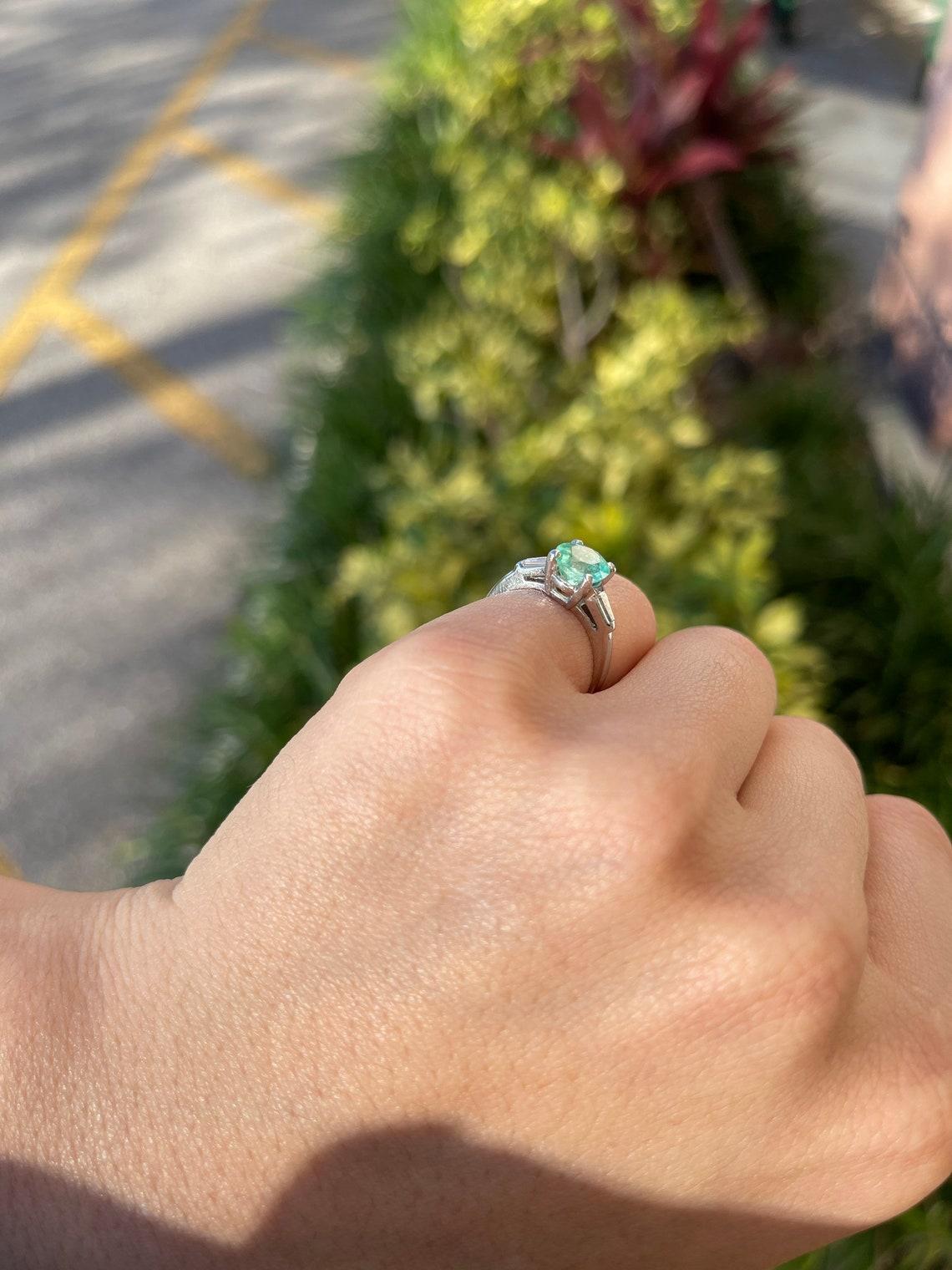 Round Cut 1.70tcw Plat Round Emerald & Diamond Three Stone Engagement Ring For Sale