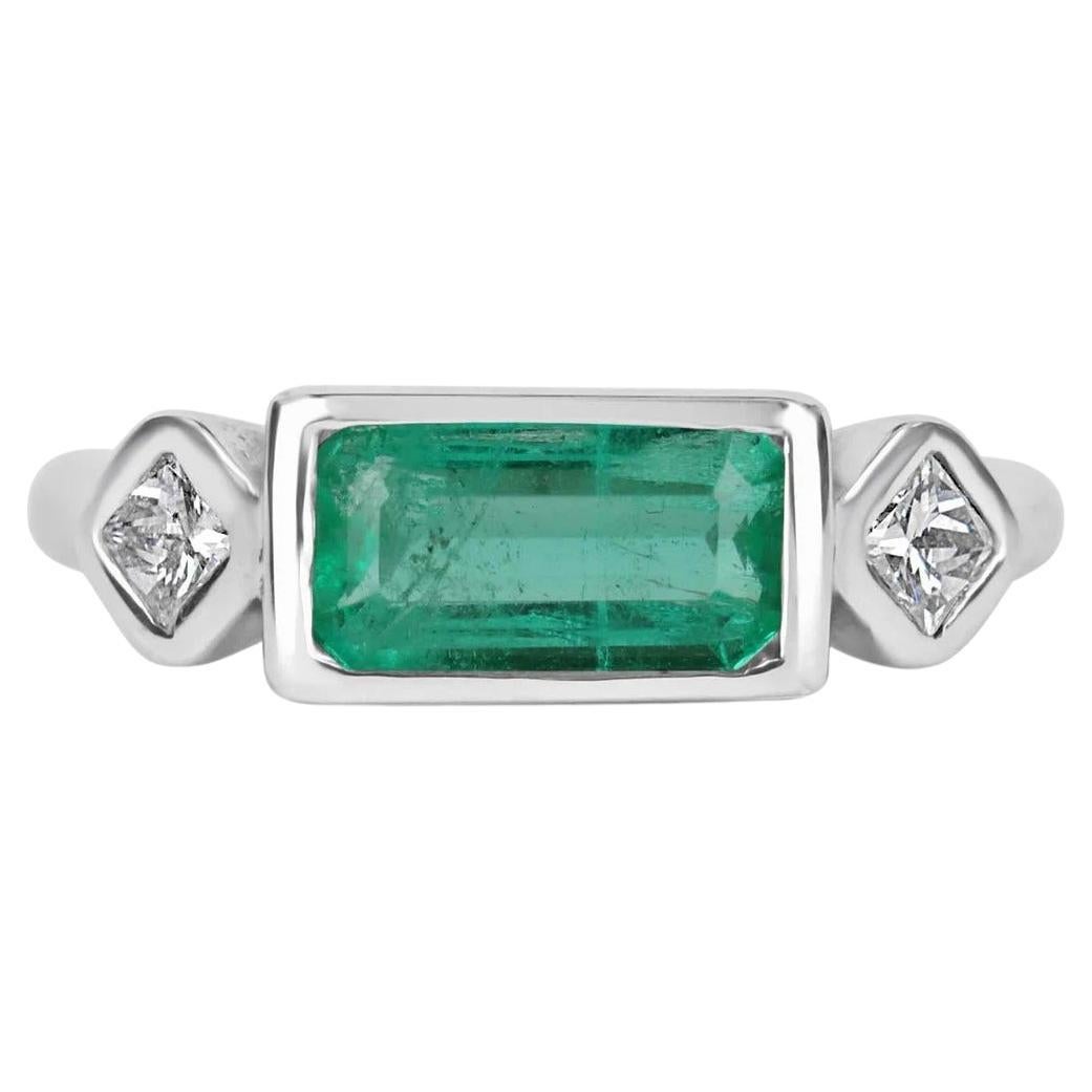 1.70tw 3 Stone Colombian Emerald & Princess Cut Diamond Bezel 18K Ring Present For Sale